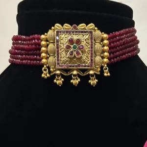 Ruby Colour Necklace-Choker with Layered Stone Strings,displayed on mannequin