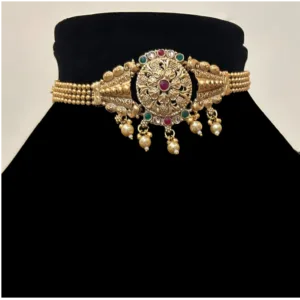Golden Ethnic Choker with Beautiful Center Piece,displayed on mannequin