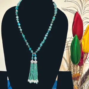 Blue Beaded Necklace in Tassel Style,displayed on mannequin