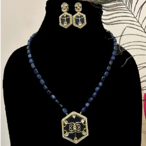 Blue Necklace Set-Theva Pendant and Earrings,displayed on mannequin