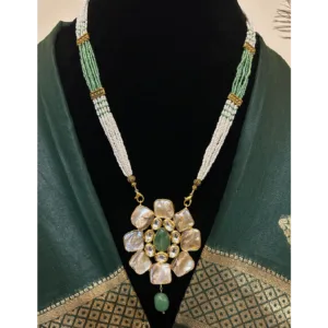 Sea Green Necklace with Flower Pendant in Shells and Kundan-displayed on mannequin