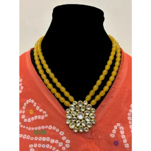 Yellow Layered Necklace-Long Double Layer Beaded Neckpiece-displayed on mannequin