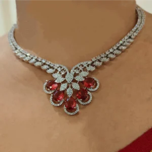 AD Stones Necklace Ruby Colour Collar Set- woman wearing it