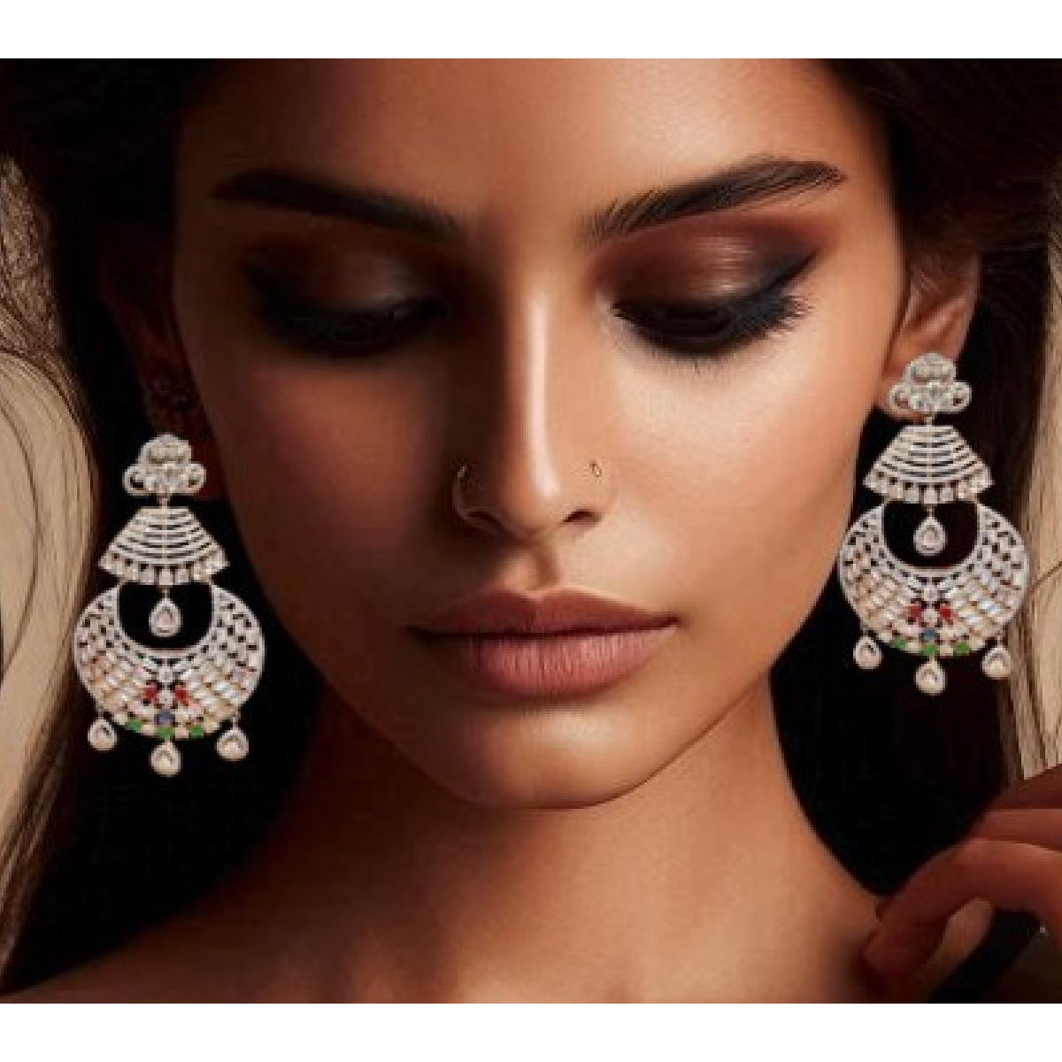 Copper Colour Earrings- Fine Silver Tone Stone Setting-Girl Wearing