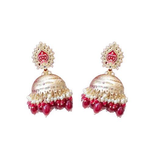 Dull Golden Jhumka Earrings with Red Bead Drops