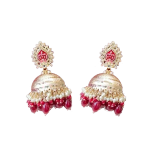 Dull Golden Jhumka Earrings with Red Bead Drops