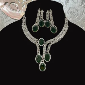 Emerald Green Necklace Set-Intricate Stone Setting displayed on mannequin