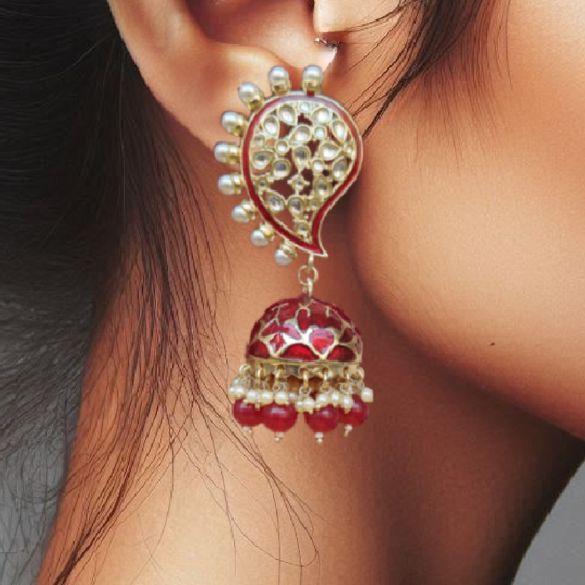 Ethnic Jhumki Earrings with Red Drops-Girl wearing it