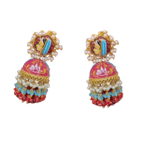 Hand Painted Jhumkas in Dull Red and Eastern Blue