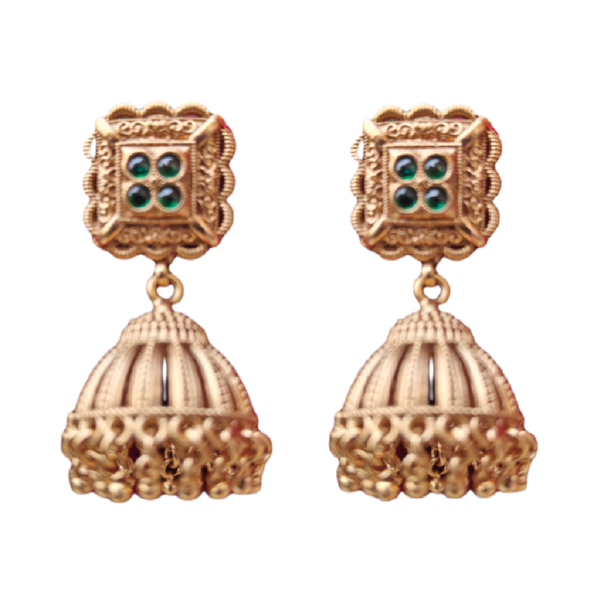 Golden Ethnic Jhumka Earrings with Embedded Stone