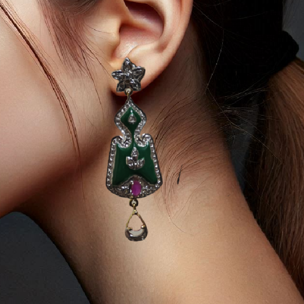 Green Dangler Earrings-Girl wearing it