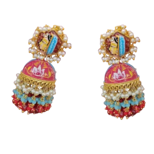 Hand Painted Jhumkas in Dull Red and Eastern Blue
