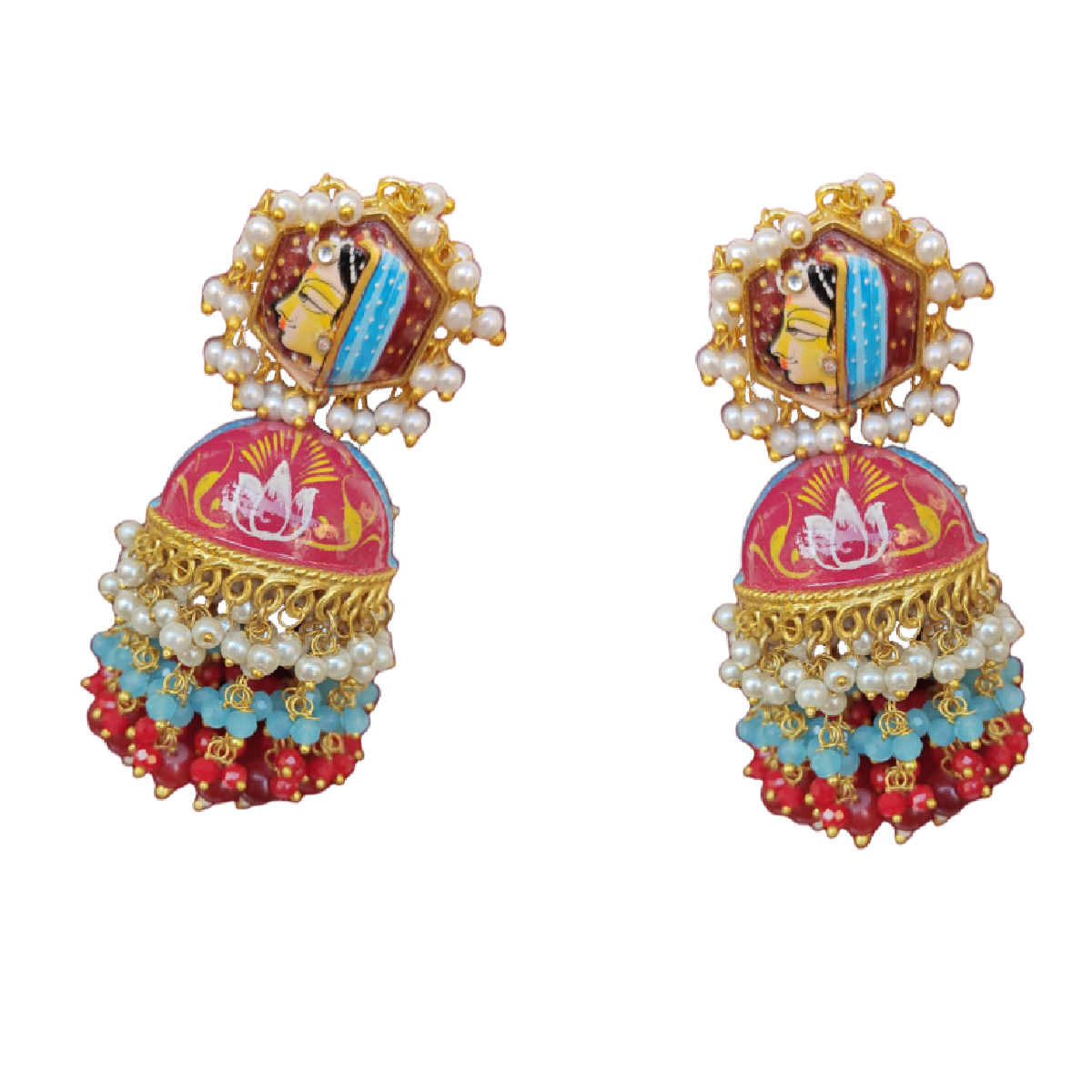 Hand Painted Jhumkas in Dull Red and Eastern Blue