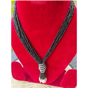 Multi Strand Necklace-Stone Strings in black displayed on mannequin