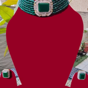Emerald Green Multistring Choker Set- displayed on mannequin with earrings