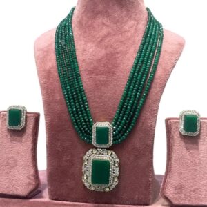 Emerald Green Colour Necklace Set-Layered Neckpiece-displayed on mannequin