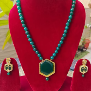 Emerald Green Long Necklace Set-displayed on mannequin