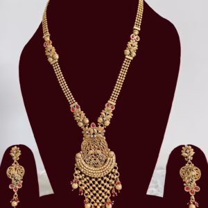 Golden Ethnic Necklace Set-Temple Long Neckpiece-displayed on mannequin