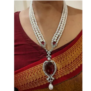 White layered Necklace with Ruby Colour Stone Pendant