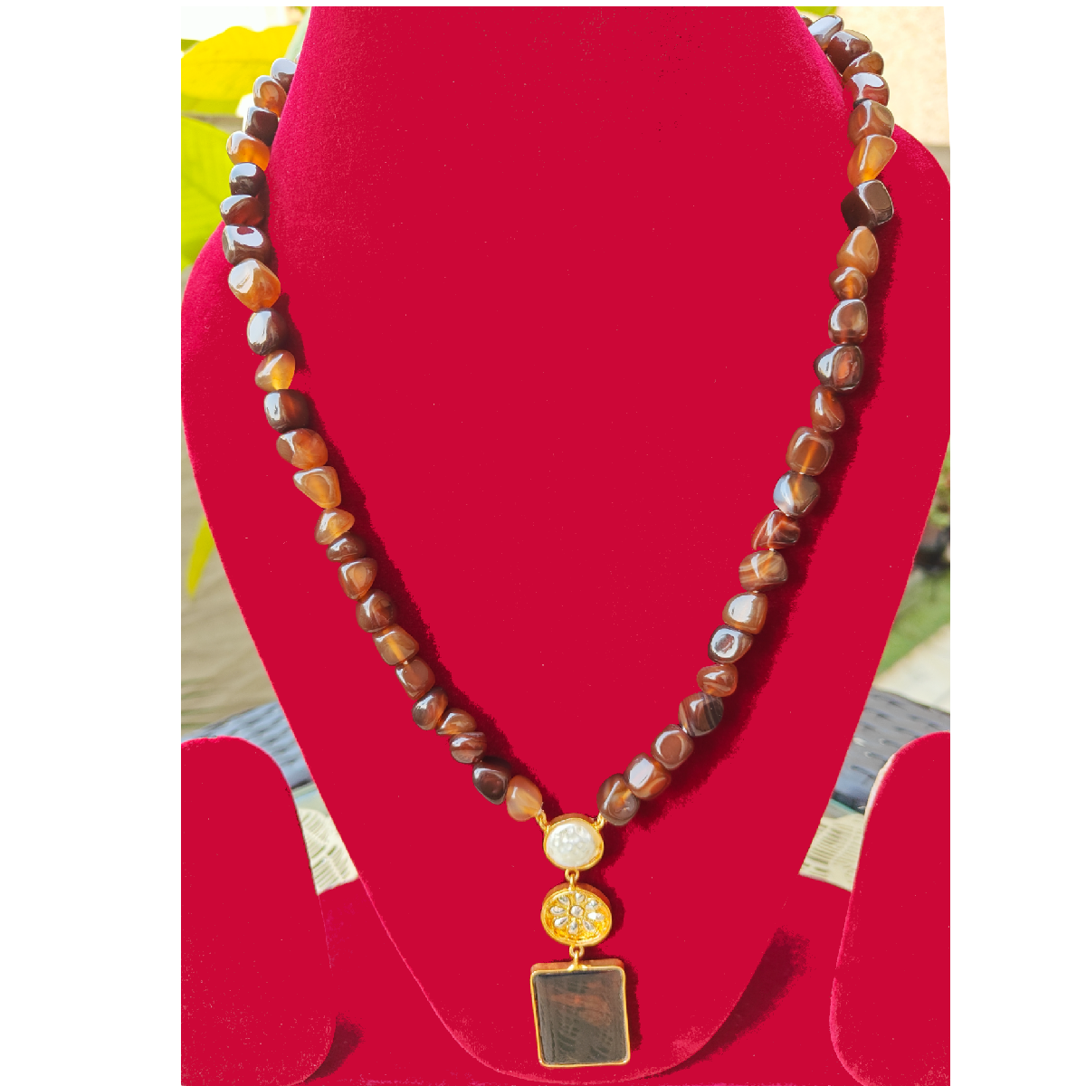 Brown Beads Stone Necklace-displayed on mannequin