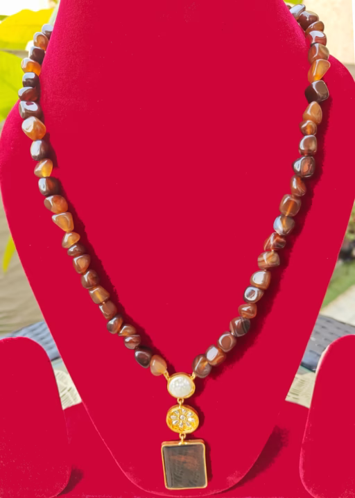 Brown Beads Stone Necklace-displayed on mannequin