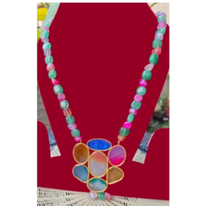 multicolor stone long necklace-displayed on mannequin