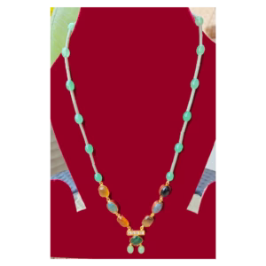 Multicolor Stone String Necklace-Stylish Long Neckpiece-displayed on ruby stone multilayer necklace displayed on mannequin