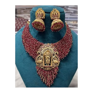 Ruby Colour Beaded Necklace Set with Golden Centerpiece displayed on mannequin