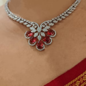 Ruby Colour Stone Necklace Set-Intricate Stone Setting-Woman Wearing it