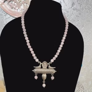 Pink Colour Necklace-Oxidised Metal Pendant-displayed on mannequin