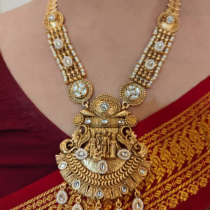 Ethnic Golden Necklace Set-Temple Neckpiece Intricate Design-Woman is Wearing it