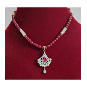 Ruby Colour Necklace Set of Collar Length- displayed on mannequin