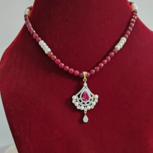 Ruby Colour Necklace Set of Collar Length-Earrings pair