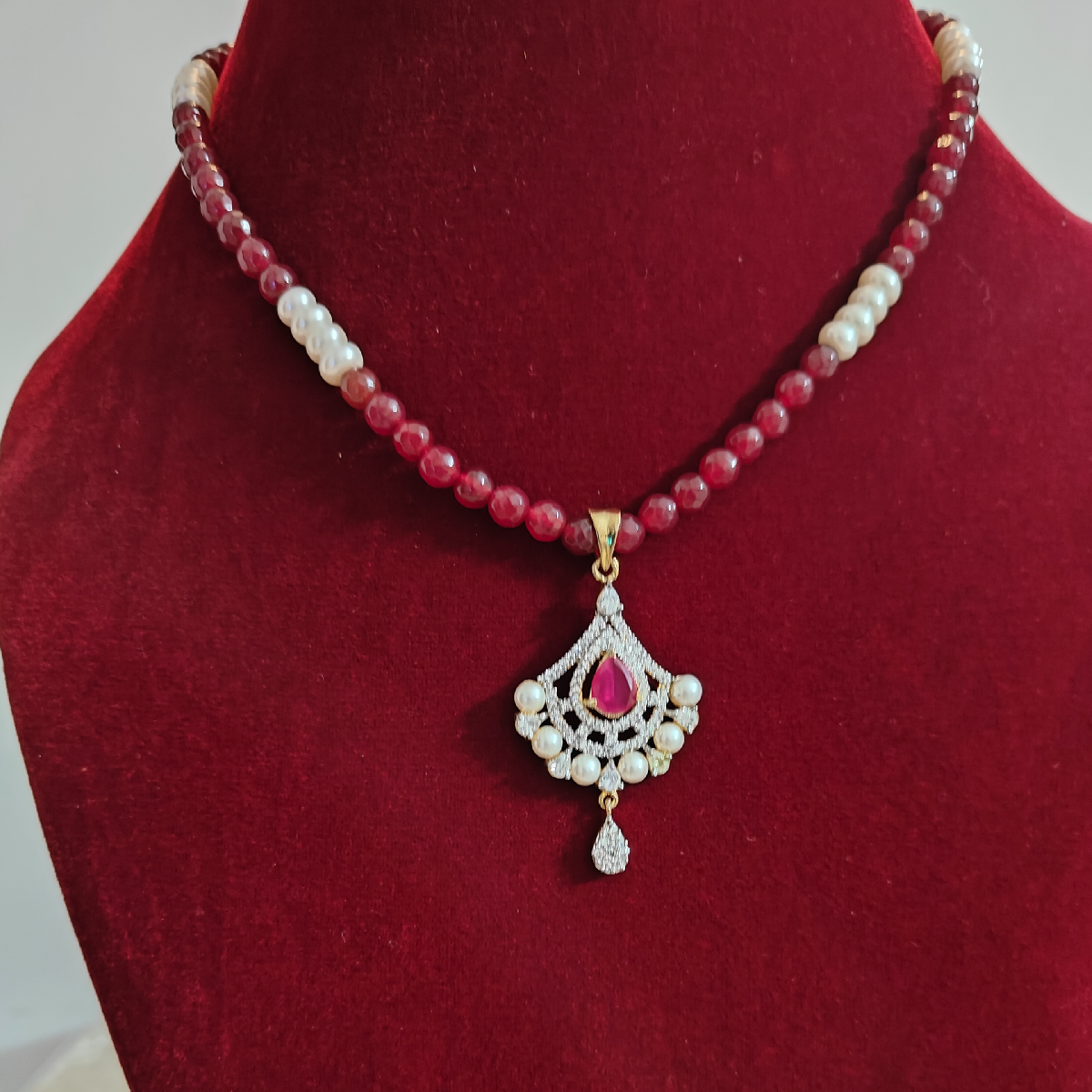 Ruby Colour Necklace Set of Collar Length-Earrings pair