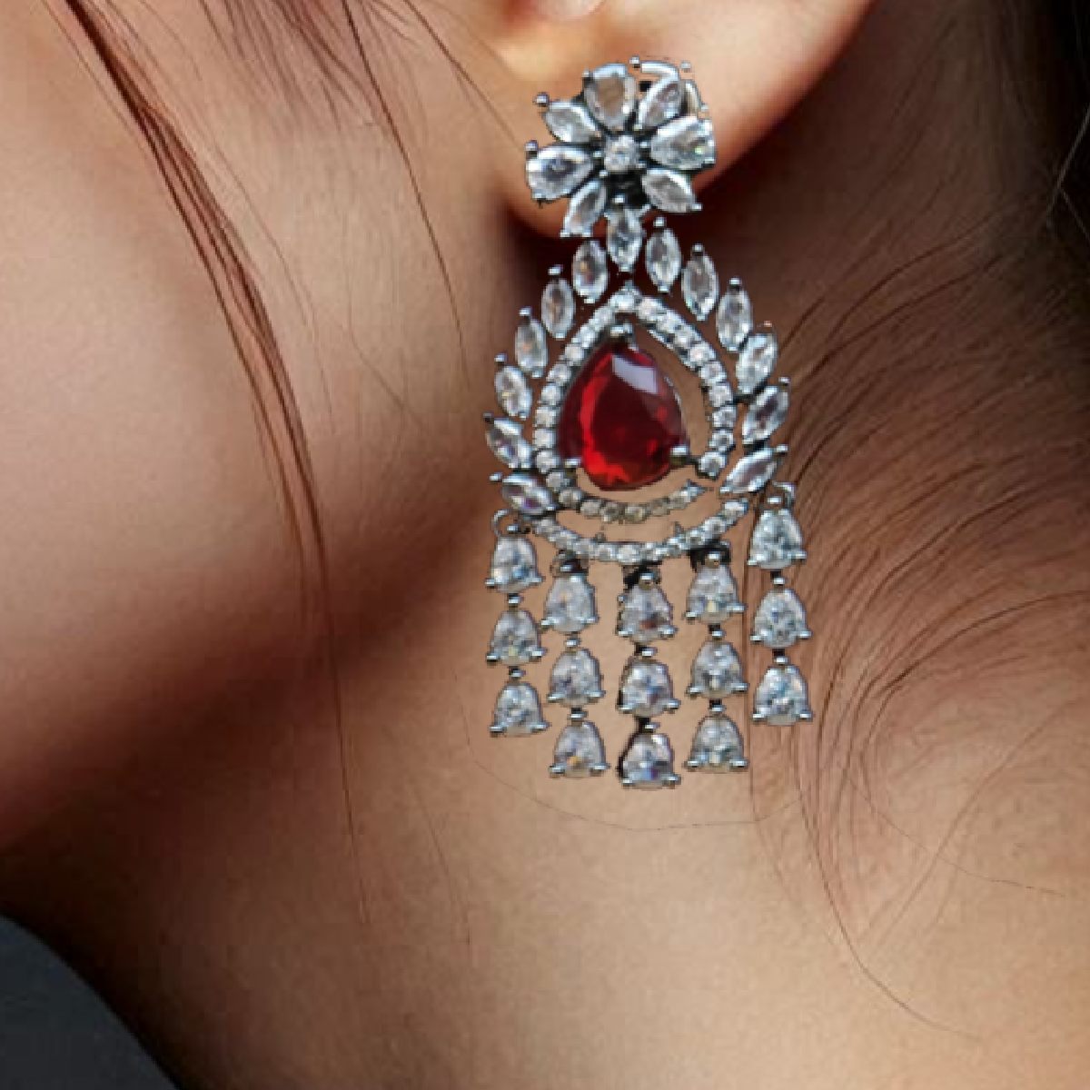 Ruby Colour Stone Danglers- Girl wearing it