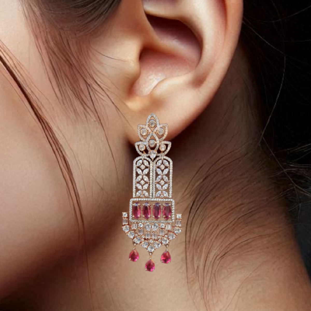 Ruby Earrings in AD Stones- Girl wearing it