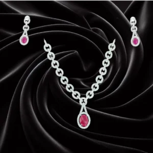 Ruby Stone AD Necklace Set in Collar Length-displayed on black velvet