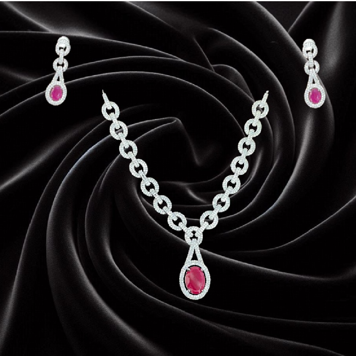 Ruby Stone AD Necklace Set in Collar Length-displayed on black velvet