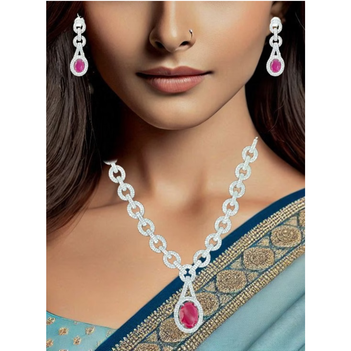 Stylish formal ruby stone AD necklace set in collar length- woman wearing it