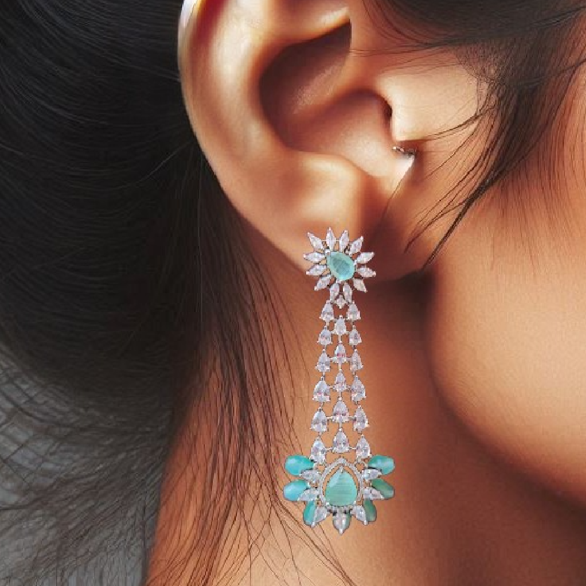 Light Sea Green Earrings-Intricate Stone Settings-Girl Wearing