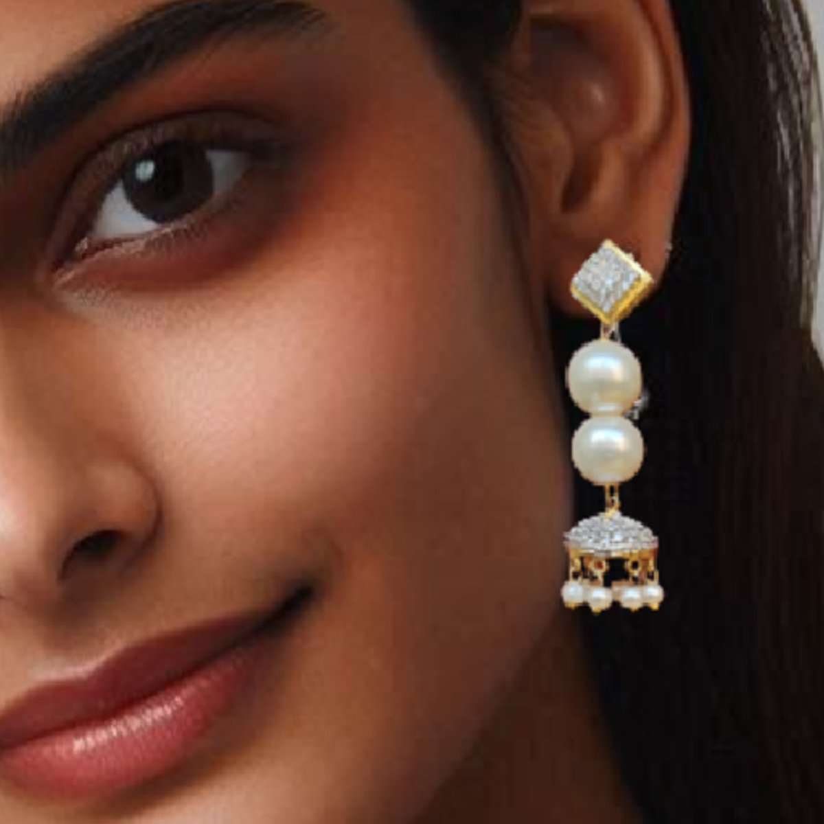 White Pearl Danglers with Small white Drops-Girl wearing it