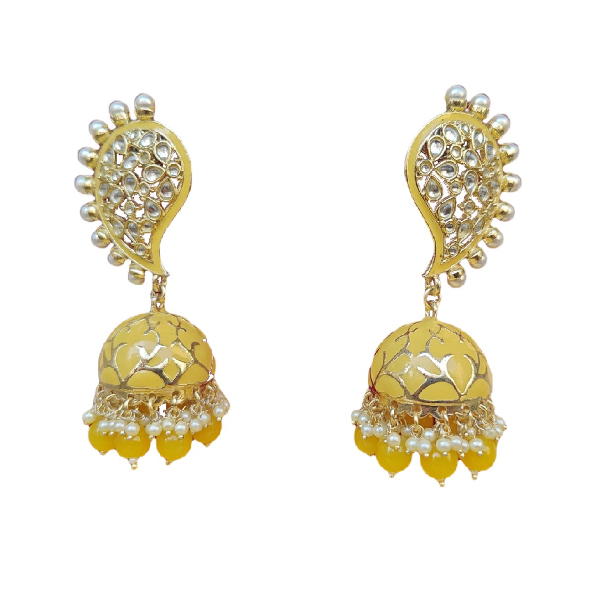 Yellow Earrings Jhumki Style Meenakari