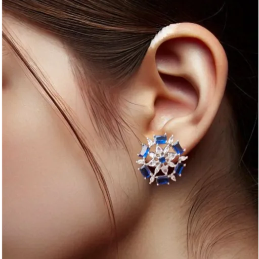 Blue Earrings in Silver Tone-Studs in Fine Stone Settings-Girl wearing