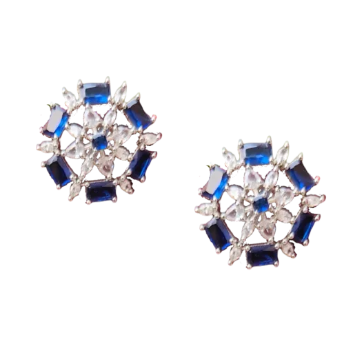 Blue Earrings in Silver Tone-Studs in Fine Stone Settings