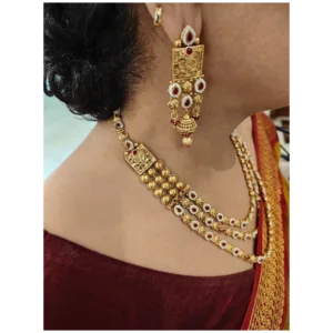 Golden Layered Necklace Set with Maang Tikka-Woman wearing it