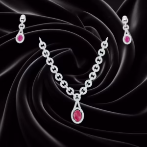 Ruby Colour Stone Necklace Set in Fine Stone Settings-displayed on Black velvet background
