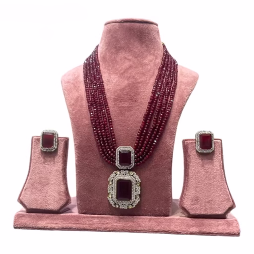 Formal Long Multi Layered Necklace Set-Ruby Colour-displayed on mannequin
