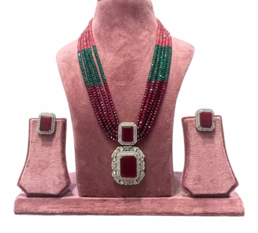 Formal Long Multi Layered Necklace Set- Teal Blue and Ruby Colour-displayed on mannequin
