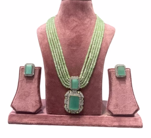 Formal Long Multi Layered Necklace Set-Sea Green-displayed on mannequin