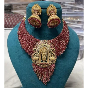 Ruby Colour Beaded Necklace Set with Golden Centerpiece displayed on mannequin